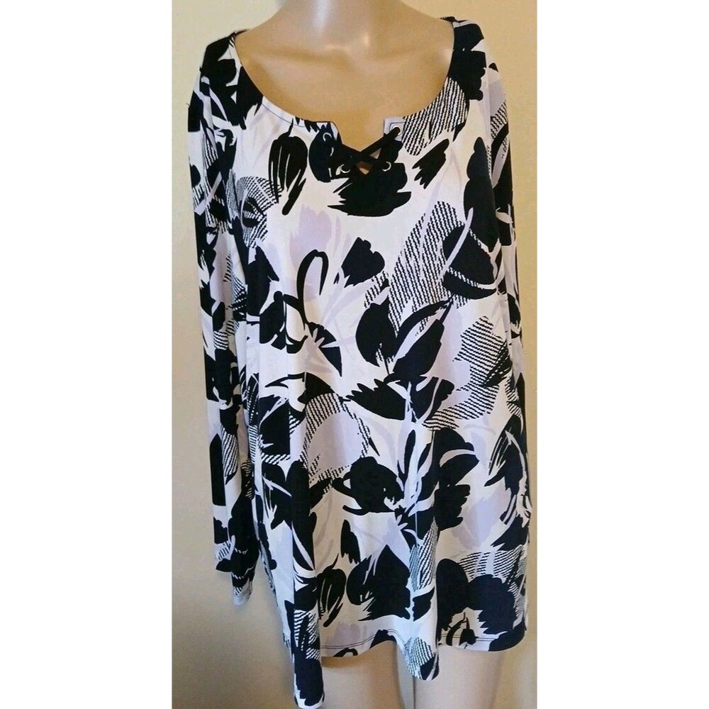 CHRISTOPHER & BANKS BLACK/WHITE Graphic Print Tunic Length Crisscros Neck Top XL
